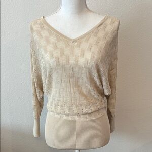 Small Mango Cream V‑Neck Open Knit Sweater